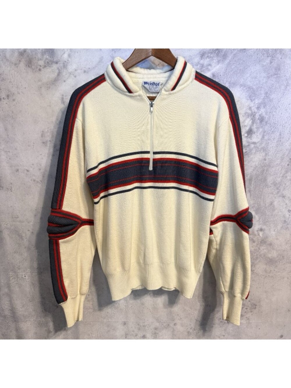 Vintage Meister Wool Ski Sweater Mens Cream Padded Elbow Collar 1/2 Zip Medium